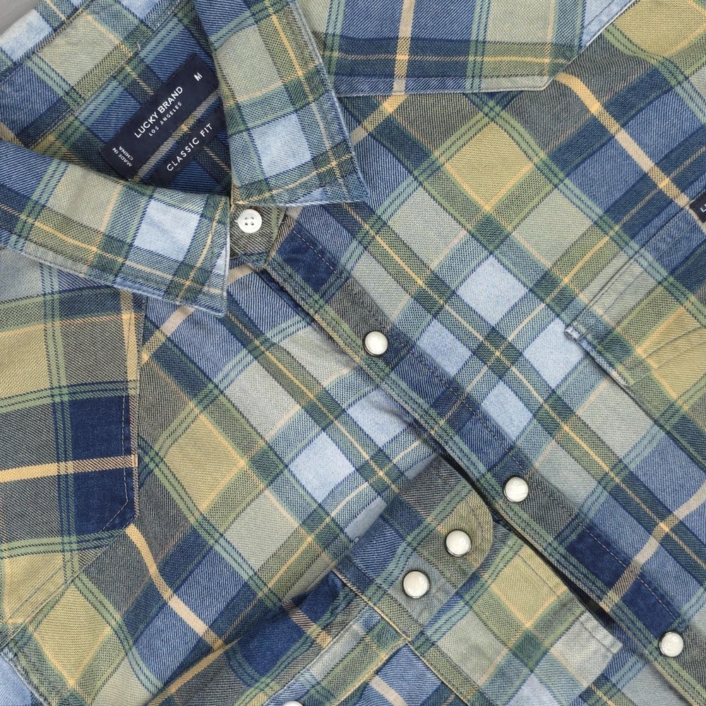 Lucky Brand Shirt Mens Medium Blue Plaid Flannel Western Pearl‎ Snap Long Sleeve